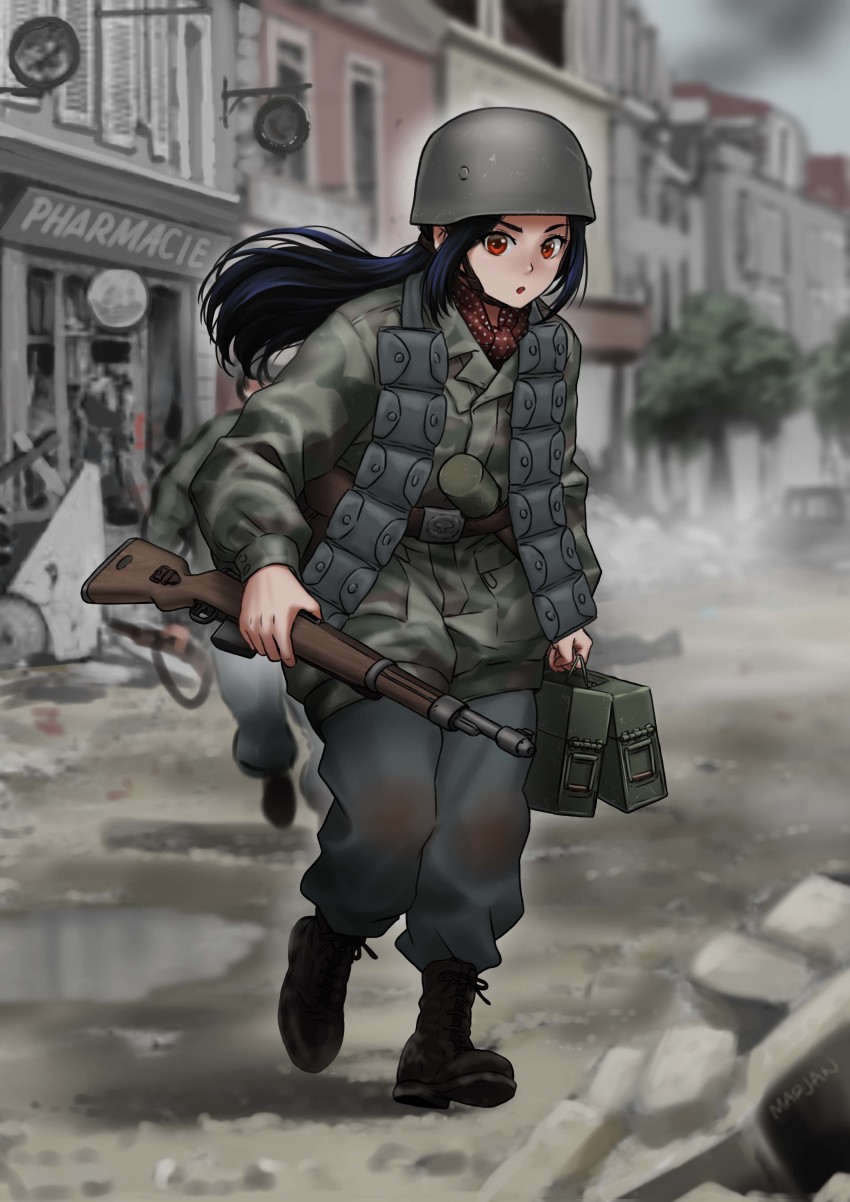 1girl 1other absurdres ammunition ammunition_box black_footwear black_hair black_pants blurry blurry_background boots camouflage camouflage_jacket city combat_helmet commission explosive full_body german_army gewehr_43 green_jacket grenade grey_sky gun helmet highres holding holding_gun holding_weapon jacket long_hair long_sleeves looking_at_viewer mardjan military military_combat_uniform military_uniform open_mouth original outdoors pants paratrooper red_eyes red_scarf rifle scarf sky weapon world_war_ii