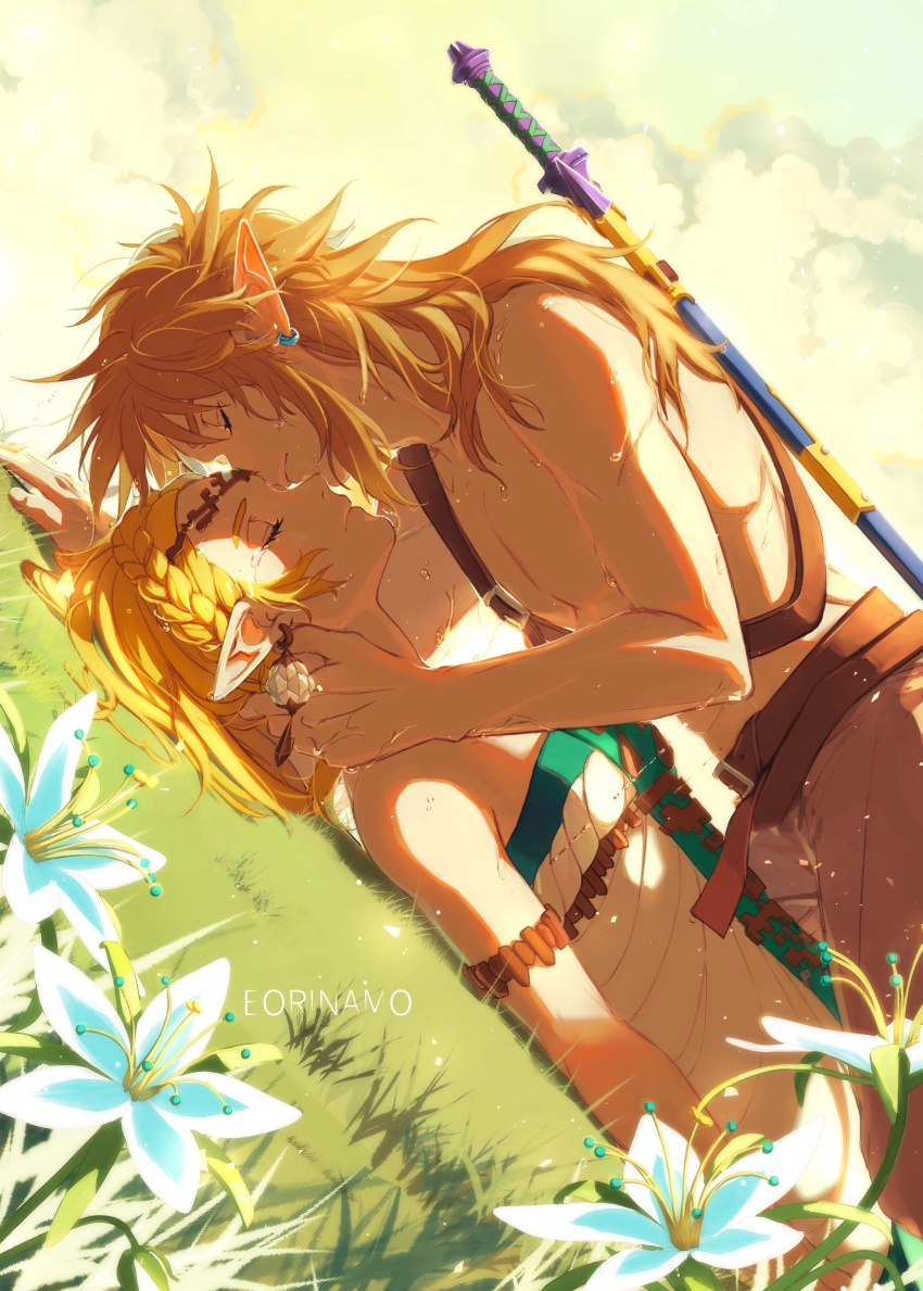 1boy 1girl absurdres artist_name blonde_hair blue_flower braid closed_eyes closed_mouth commentary crown_braid dress english_commentary eorinamo flower grass highres link long_hair lying master_sword muscular muscular_male nintendo outdoors pointy_ears princess_zelda short_hair silent_princess sleeping strapless strapless_dress the_legend_of_zelda the_legend_of_zelda:_tears_of_the_kingdom topless_male white_dress