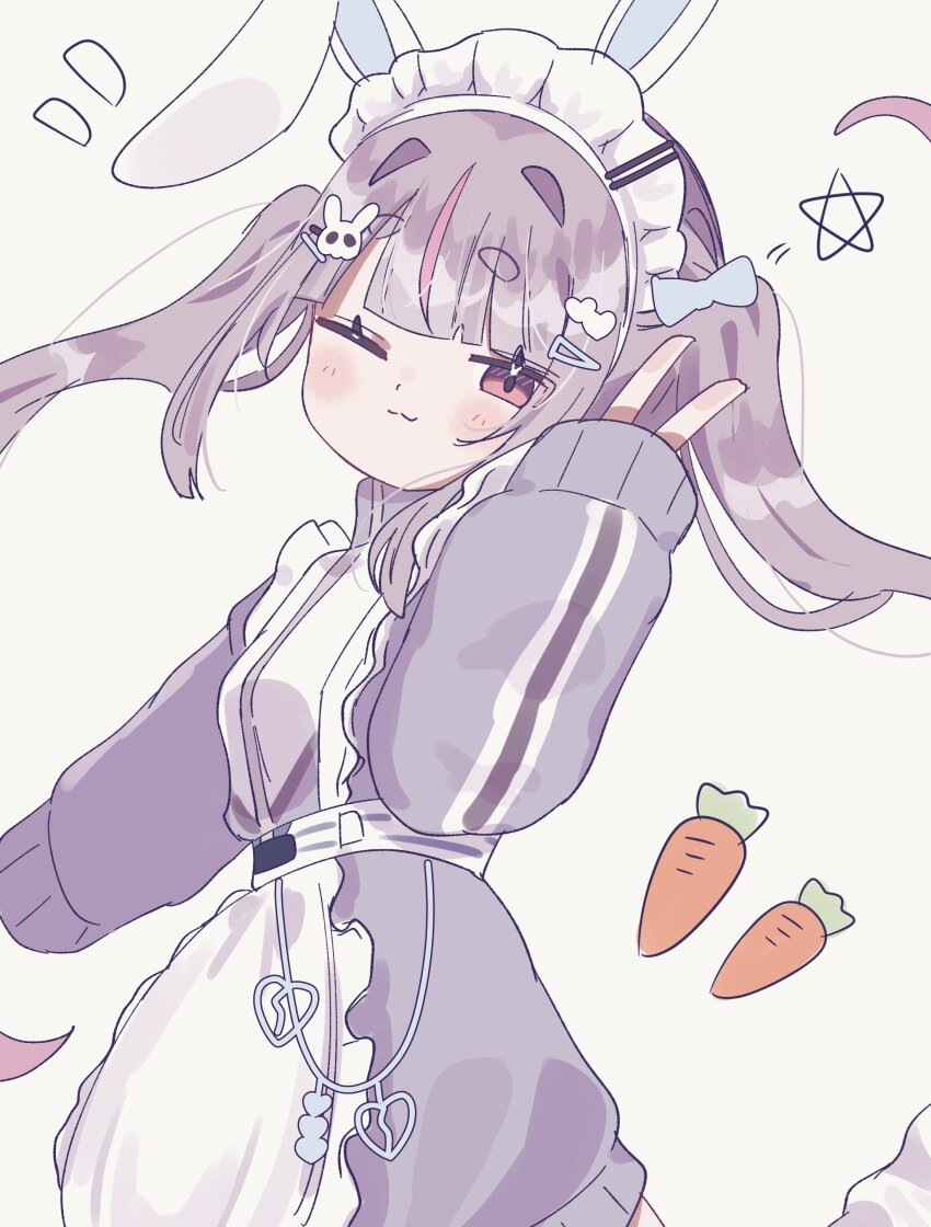 1girl :3 absurdres animal_ear_hairband animal_ears apron blunt_bangs carrot cattleya_regina_games fake_animal_ears frilled_hairband frills grey_hair grey_jacket hair_ornament hairband hairpin half-closed_eyes highres jacket jersey_maid light_blush looking_at_viewer maid maid_apron maid_headdress multicolored_hair multiple_hairpins one_eye_closed parted_bangs pink_eyes pink_hair rabbit_ears shimoyake_(lethal_penguin) simple_background sleeves_past_wrists solo streaked_hair thick_eyebrows tosaki_mimi tosaki_mimi_(4th_costume) track_jacket twintails unconventional_maid upper_body v virtual_youtuber vspo! white_background