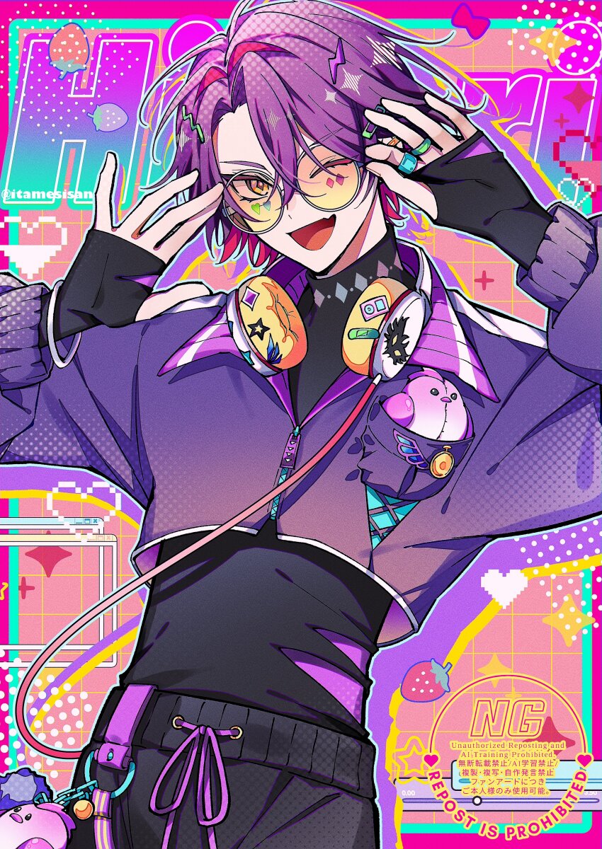 1boy ;d absurdres animal_charm artist_name black_pants black_shirt border bracelet breast_pocket cable chaahan_(0421_han2) charm_(object) collared_jacket colored_inner_hair commentary_request cropped_jacket diamond-shaped_pupils diamond_(shape) diamond_facial_mark drawstring drop_shadow facial_mark fang food fruit glasses grid_background hair_between_eyes hair_intakes hair_ornament hairclip hands_up headphones headphones_around_neck heart heart_facial_mark highres jacket jewelry lightning_bolt lightning_bolt_hair_ornament lightning_bolt_symbol long_sleeves looking_at_viewer male_focus multicolored_eyes multicolored_hair multiple_rings nijisanji one_eye_closed open_mouth outside_border pants parted_bangs pink_background pink_border pixel_heart pocket pom_pom_(clothes) puffy_long_sleeves puffy_sleeves purple_eyes purple_hair purple_jacket purple_ribbon red_hair ribbon ring round_eyewear shirt short_hair skin_fang smile solo sparkle star_(symbol) strawberry stuffed_animal stuffed_bird stuffed_toy symbol-shaped_pupils thumb_hole_sleeves tinted_eyewear turtleneck twitter_username two-tone_hair virtual_youtuber watarai_hibari watermark window_(computing) yellow-tinted_eyewear yellow_eyes zipper zipper_pull_tab