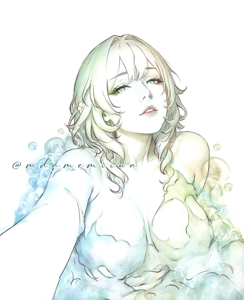 1girl aglaea_(honkai:_star_rail) bathing blonde_hair breasts commentary completely_nude english_commentary green_eyes highres honkai:_star_rail honkai_(series) large_breasts looking_at_viewer mdamemiina nude parted_lips short_hair simple_background soap_bubbles solo twitter_username