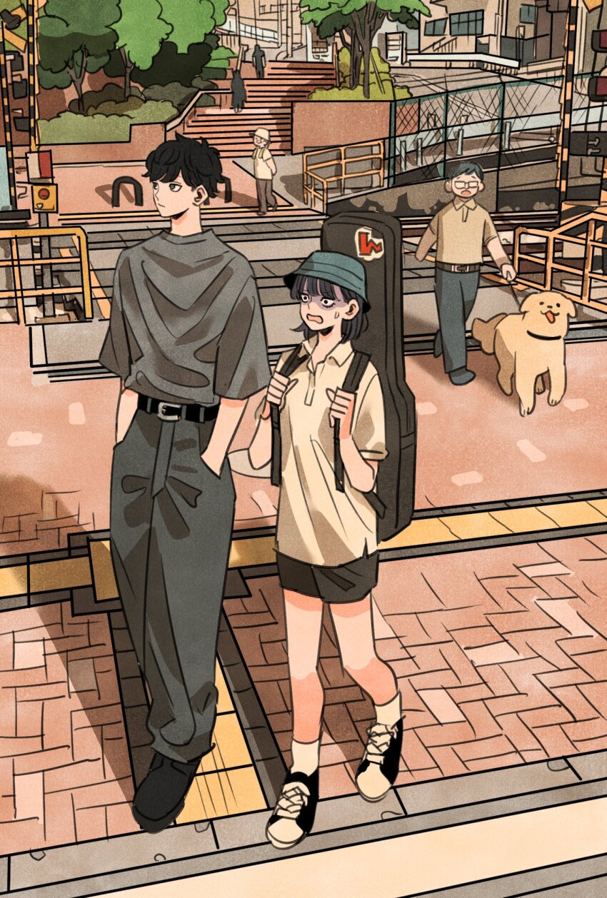 2boys 2girls 2others :o arms_behind_back belt black_belt black_eyes black_hair black_pants black_shorts blunt_bangs boom_barrier bucket_hat bush chain-link_fence city closed_mouth collared_shirt commentary_request day dog fence full_body futsuu_no_keion-bu glasses grandmother_and_grandson grey_shirt guard_rail guitar_case hands_in_pockets hat hatono_chihiro height_difference highres holding_strap instrument_case mizuo_haruichi multiple_boys multiple_girls multiple_others nervous old old_woman open_mouth outdoors pants pet_walking railing railroad_crossing railroad_tracks road sanpaku shaded_face shirt short_hair short_sleeves shorts socks stairs standing street sweatdrop takeuchi_ryousuke tree walking wavy_hair white_shirt white_socks