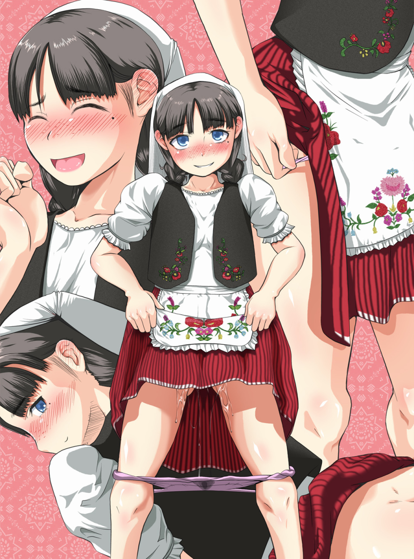 1girl apron bad_id bad_pixiv_id black_hair blue_eyes blush braid clothes_lift dripping ear_blush freckles grin highres looking_at_viewer mole mole_under_eye multiple_views nose_blush original panties panty_pull poland pussy_juice pussy_juice_trail short_sleeves skirt skirt_lift smile standing traditional_clothes twin_braids ui_(fuugetsuin) underwear vest wet wet_clothes wet_panties