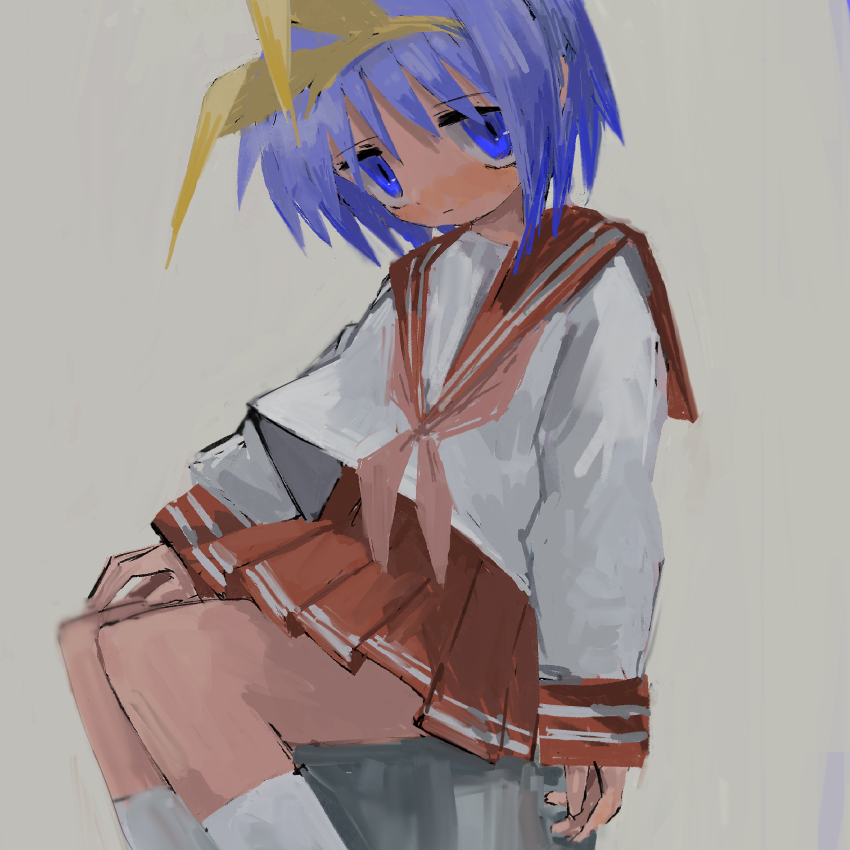 1girl closed_mouth feet_out_of_frame grey_background hairband hairo_(r228n) highres hiiragi_tsukasa long_sleeves lucky_star neckerchief pleated_skirt sailor_collar school_uniform serafuku short_hair simple_background sitting skirt slit_pupils socks solo white_socks yellow_hairband