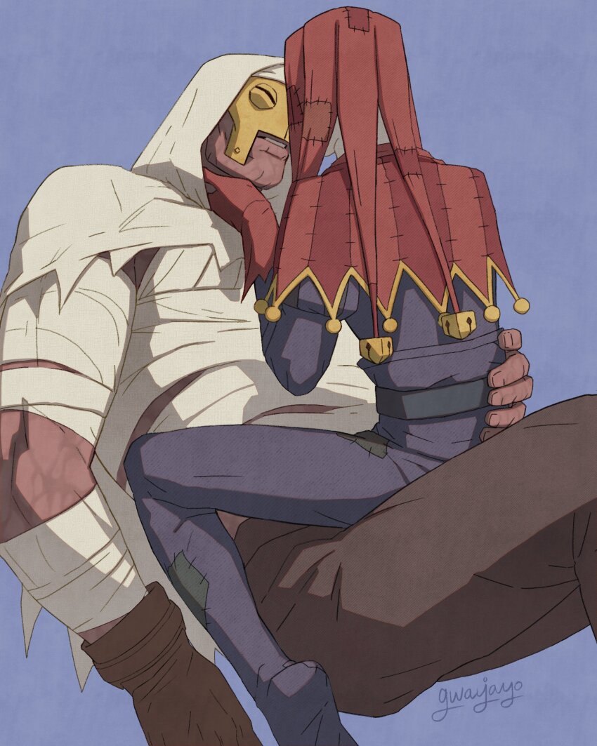 2boys absurdres bandaged_arm bandaged_chest bandages bell blue_background blue_pants blue_shirt body_markings brown_gloves brown_pants capelet commentary couple cracked_skin darkest_dungeon feet_out_of_frame gloves gwahaeyo half_mask hand_on_another&#039;s_back hand_on_another&#039;s_chin hat highres hood hood_up jester_(darkest_dungeon) jester_cap leper_(darkest_dungeon) long_sleeves male_focus mask multiple_boys pants patchwork_clothes red_capelet red_gloves red_hat shirt signature simple_background sitting sitting_on_lap sitting_on_person white_hood yaoi yellow_mask yellow_trim