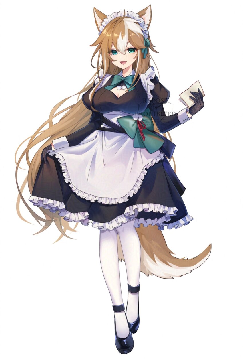 1girl alternate_costume animal_ears apron aqua_eyes black_dress black_gloves black_shoes breasts brown_hair cleavage dog_ears dog_girl dog_tail dress enmaided frilled_dress frills full_body genshin_impact gloves hair_between_eyes highres hina_(genshin_impact) holding holding_paper lace lace_gloves long_hair long_sleeves looking_at_viewer maid maid_apron multicolored_hair open_mouth pantyhose paper shirase_(shirose) shoes simple_background smile solo standing tail white_apron white_background white_hair white_pantyhose