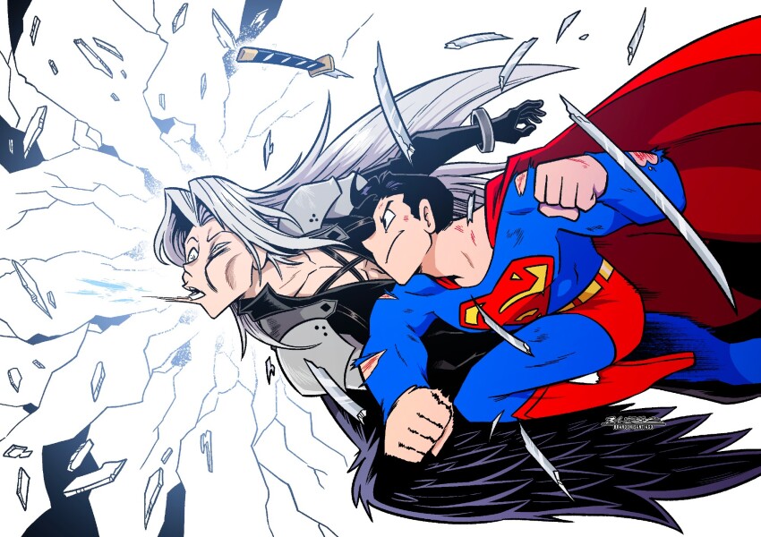 2boys armor bad_link black_gloves black_hair blue_bodysuit bodysuit brandon_santiago breaking broken broken_sword broken_weapon cape coat crossover dc_comics feathered_wings feathers final_fantasy final_fantasy_vii gloves grey_hair highres holding large_pectorals long_hair male_focus multiple_boys muscular muscular_male open_mouth parted_bangs pectorals punching red_cape scratches sephiroth shirt short_hair shoulder_armor spiked_hair superhero_costume superman superman_(series) sword torn_clothes weapon wings