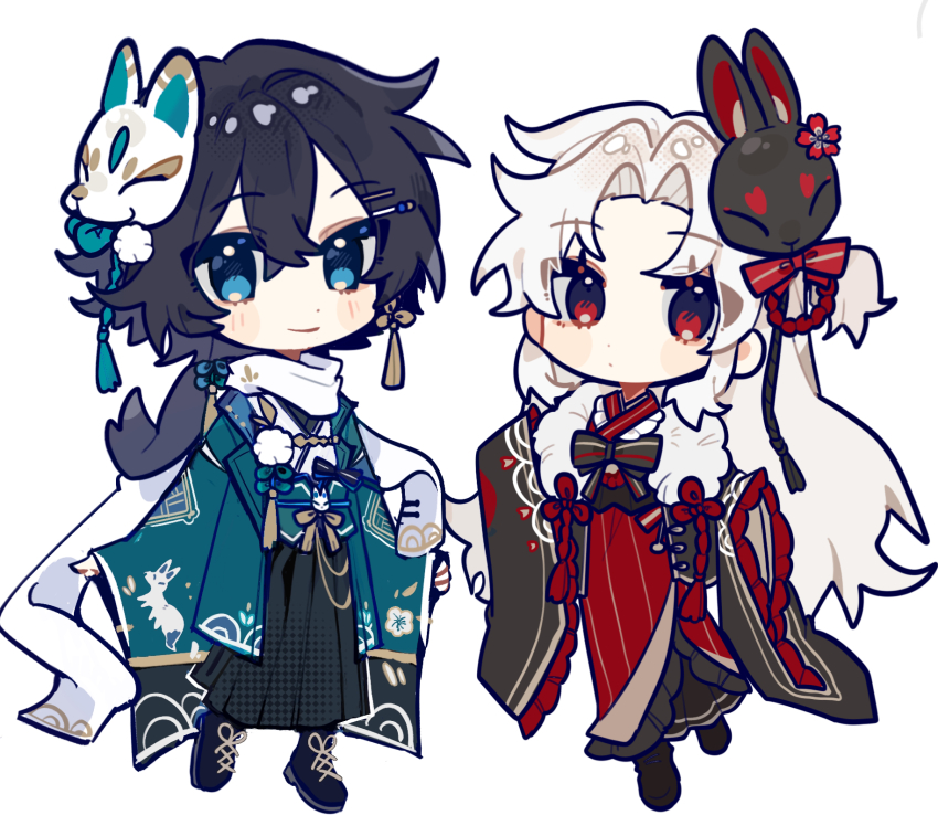 1girl 1other aqua_jacket artist_request black_bow black_footwear black_hair black_hakama blue_eyes borrowed_character bow chibi chibi_only chinese_knot closed_mouth commission crossed_bangs curtained_hair dot_mouth dot_nose double-parted_bangs earrings flower_knot fold-over_collar fox_mask full_body fur_collar furisode furisode_sleeves gender_request hair_between_eyes hakama hakama_skirt highres jacket japanese_clothes jewelry kimono light_smile long_hair looking_at_viewer mask mask_on_head one_side_up original pom_pom_(clothes) rabbit_mask red_eyes scarf second-party_source side-by-side side_cross-laced_footwear side_ponytail simple_background single_earring skirt sweater_guard tassel tassel_earrings white_background white_hair white_scarf wide_sleeves