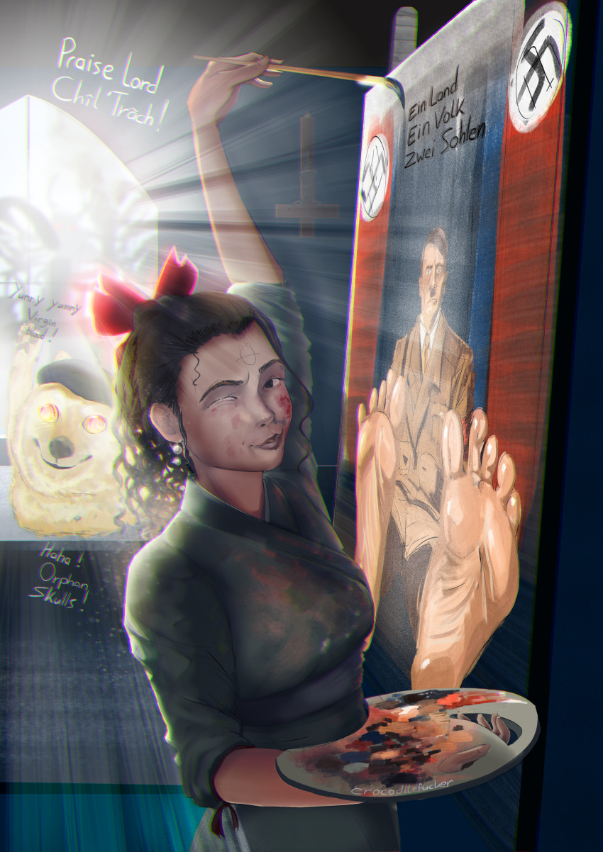 1girl ;) absurdres adolf_hitler beret black_eyes black_hair canvas_(object) closed_mouth commentary doge earrings english_commentary foot_focus fuckodilec hat highres holding holding_paint_palette holding_paintbrush jewelry nazi one_eye_closed original paint_palette paintbrush painting_(action) painting_(object) smile swastika translation_request wavy_hair what window