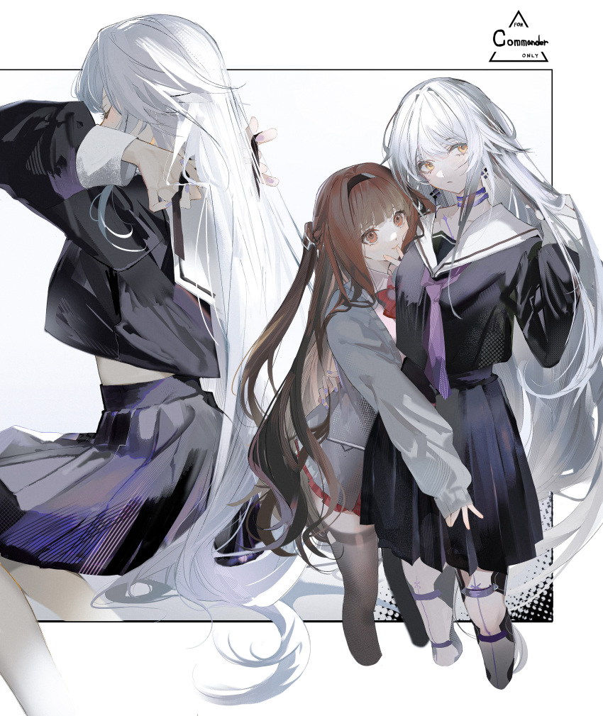 2girls absurdres antoneva black_hairband black_pantyhose black_serafuku black_shirt black_skirt brown_eyes brown_hair choker female_commander_(forever_7th_capital) forever_7th_capital grey_jacket hairband highres hug jacket long_hair multiple_girls necktie pantyhose pleated_skirt purple_choker purple_necktie rrrr_222 sailor_collar school_uniform serafuku shirt skirt smile very_long_hair white_hair white_sailor_collar yellow_eyes