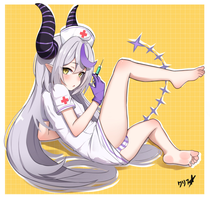 1girl absurdres barefoot blush boppin feet gloves grey_hair hat highres hololive horns la+_darknesss long_hair looking_at_viewer nurse nurse_cap panties pantyshot parted_lips pointy_ears soles striped_clothes striped_panties syringe toes underwear virtual_youtuber yellow_eyes