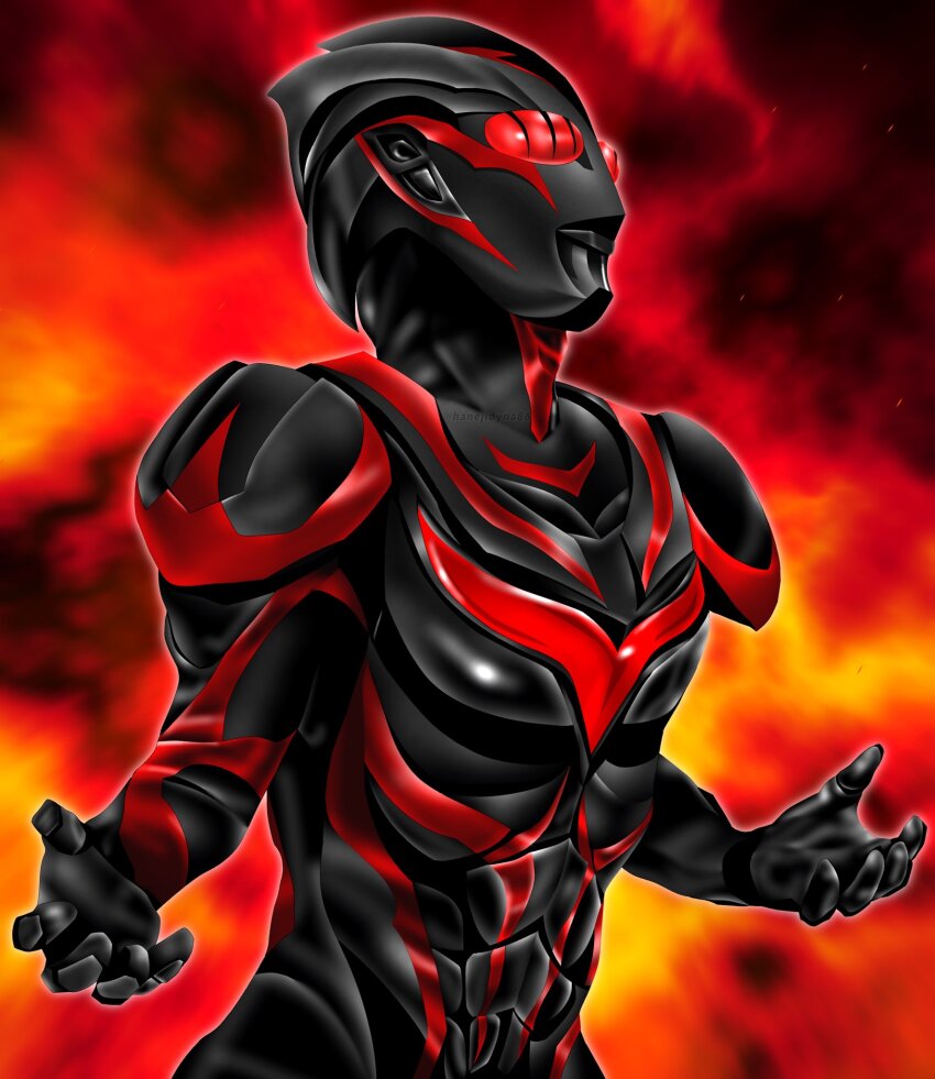 1boy abs alien armor black_skin breastplate collarbone color_timer colored_skin commentary compound_eyes dark_zagi doppelganger dorsal_fin fiery_background fire full_armor glowing glowing_eyes hanejidyna86 highres looking_up male_focus multicolored_skin open_hands pectorals red_eyes red_skin shoulder_armor shoulder_pads solo standing tokusatsu toned toned_male twitter_username two-tone_skin ultra_series ultraman_nexus_(series) upper_body wrinkled_skin