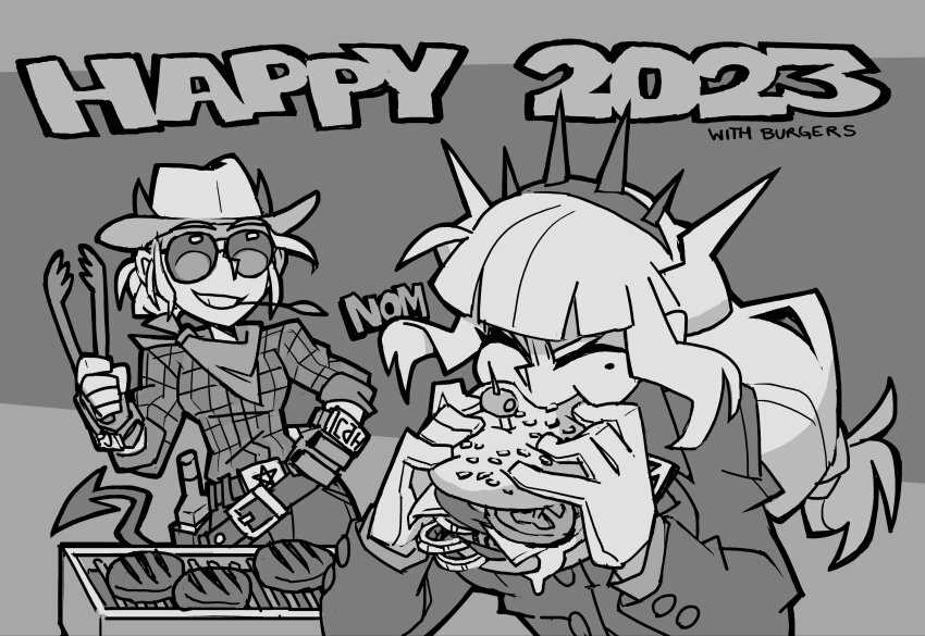 2023 2girls absurdres belt bottle burger closed_eyes cowboy cowboy_western demon_girl demon_horns demon_tail eating english_text fast_food food grey_background greyscale grin helltaker highres holding horns jacket justice_(helltaker) ketchup long_hair long_sleeves lucifer_(helltaker) mole mole_under_eye monochrome mouth_hold multiple_girls pants plaid_clothes plaid_shirt shirt smile sunglasses tail teeth tomato vanripper western