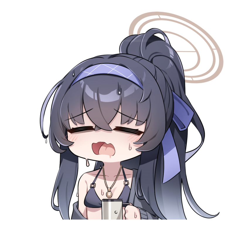 1girl =_= bikini black_bikini black_cardigan black_hair black_ribbon blue_archive blue_hairband breasts brown_halo cardigan chibi collarbone commentary_request cropped_torso crossed_bangs cup di_le_to hair_between_eyes hair_ribbon hairband halo halterneck highres holding holding_cup hot jewelry long_hair official_alternate_costume official_alternate_hairstyle open_cardigan open_clothes open_mouth pendant ponytail raised_eyebrows ribbon sidelocks simple_background single_bare_shoulder small_breasts solo sweat swimsuit ui_(blue_archive) ui_(swimsuit)_(blue_archive) upper_body very_long_hair wavy_mouth white_background