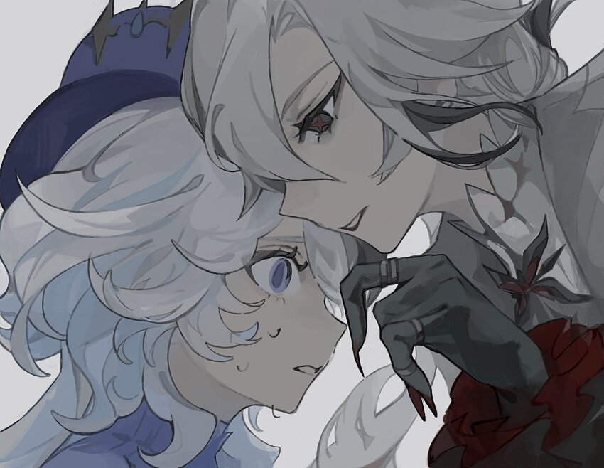 2girls arlecchino_(genshin_impact) black_eyes black_hair black_hands blue_eyes blue_hair blue_hat blue_jacket claws colored_extremities drop-shaped_pupils furina_(genshin_impact) genshin_impact grey_hair grey_jacket hair_between_eyes hand_up hat highres jacket jewelry lapels long_hair long_sleeves looking_at_another low_ponytail me110w_w multicolored_hair multiple_girls multiple_rings ponytail red_pupils ring scared shirt short_hair simple_background smile sweat symbol-shaped_pupils teeth top_hat two-tone_hair wavy_hair white_background white_shirt x-shaped_pupils