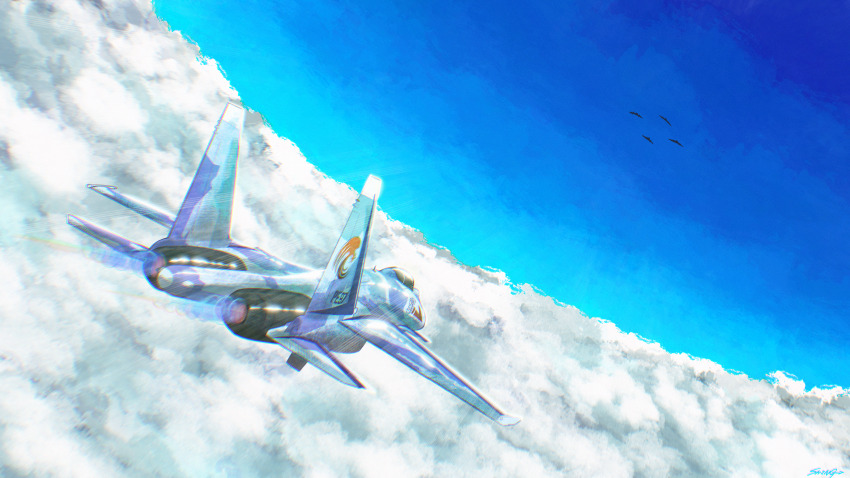 above_clouds absurdres ace_combat ace_combat_2 afterburner aircraft airplane blue_sky cloud commentary commentary_request day english_commentary fighter_jet highres military_vehicle mixed-language_commentary no_humans scarface_1 shinji_(shinjisq) sky su-35 vehicle_focus