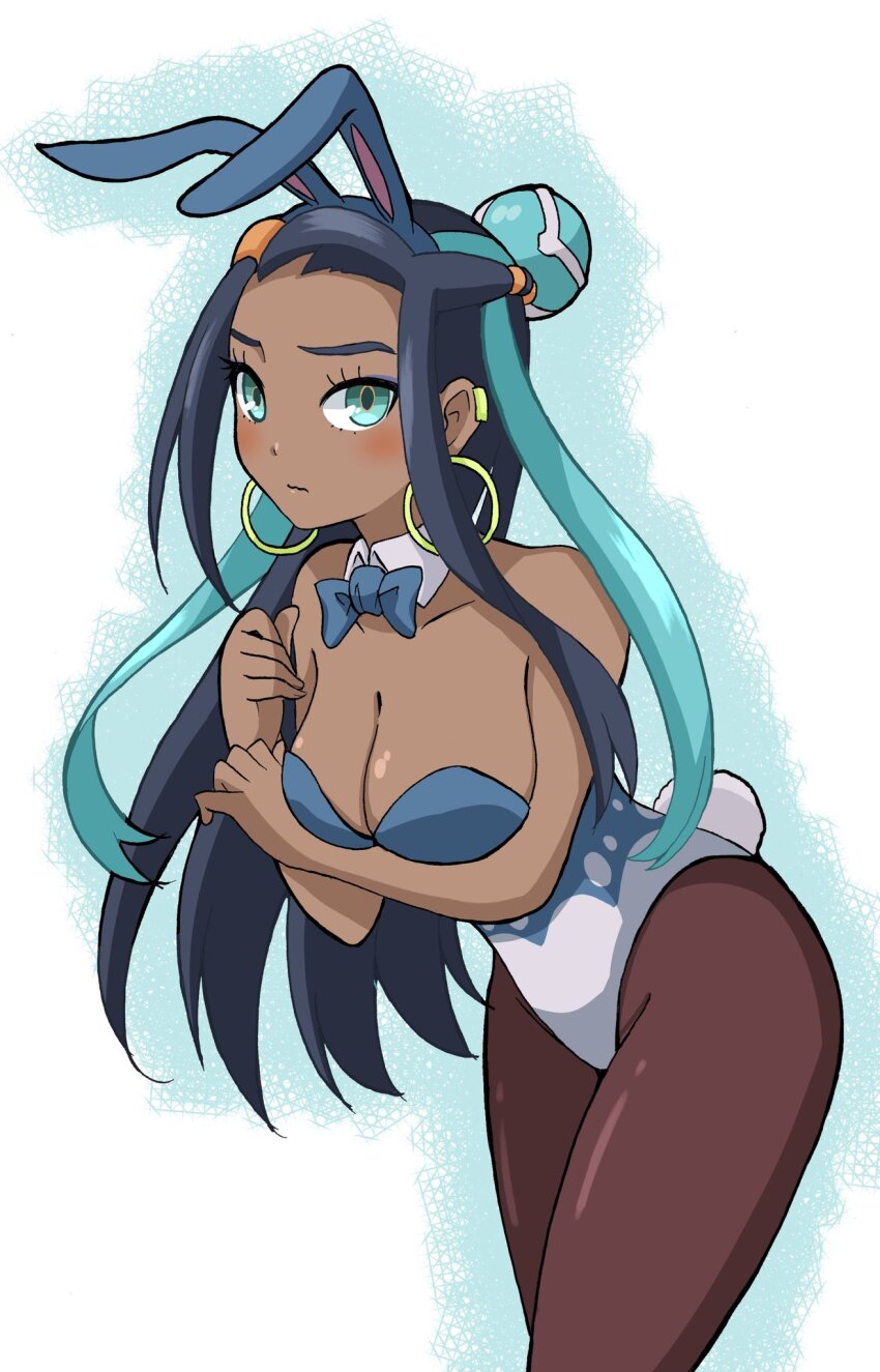 1girl animal_ears bare_shoulders black_hair blue_bow blue_bowtie blue_eyes blue_hair blue_leotard blush bow bowtie breasts brown_pantyhose cleavage closed_mouth collar dark-skinned_female dark_skin detached_collar earrings emapippi hair_bun highres hoop_earrings jewelry leotard long_hair looking_at_viewer medium_breasts multicolored_hair nessa_(pokemon) nintendo pantyhose playboy_bunny pokemon pokemon_swsh rabbit_ears rabbit_tail single_hair_bun solo tail two-tone_hair