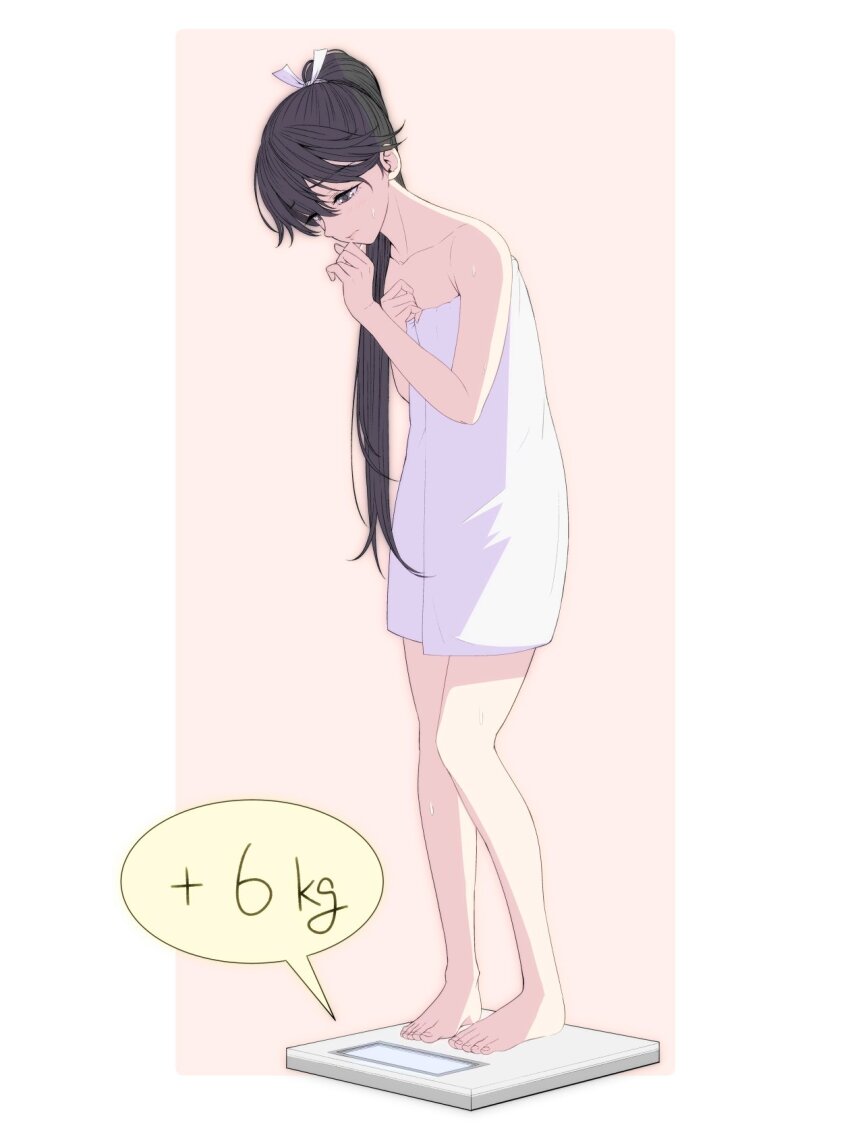 1girl bare_shoulders black_eyes black_hair closed_mouth collarbone commentary_request full_body hair_over_shoulder highres houshou_(kancolle) kantai_collection long_hair looking_down ponytail solo standing sweat towel weighing_scale yuichi_(sp_sakura_yoshi)