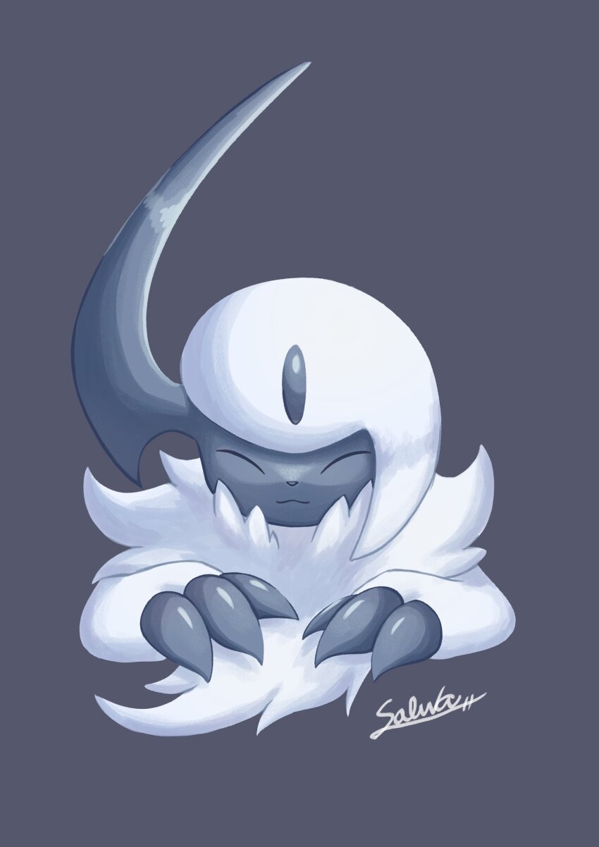 absol claws closed_eyes closed_mouth forehead_jewel gen_3_pokemon grey_background highres horns nintendo no_humans pokemon pokemon_(creature) signature simple_background single_horn smile solo soruva_359 white_hair