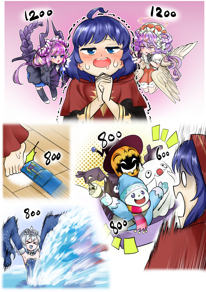 4girls absurdres ahoge barefoot blue_eyes blue_hair blush cardcar_d duel_monster gameplay_mechanics ghostrick_jackfrost ghostrick_lantern ghostrick_specter highres lo_the_prayers_of_the_voiceless_voice mini_person minigirl multiple_girls multiple_views sawan_cutman scared sheet_ghost shoulder_angel shoulder_devil snowman stats tearlaments_merrli water whispering yu-gi-oh!