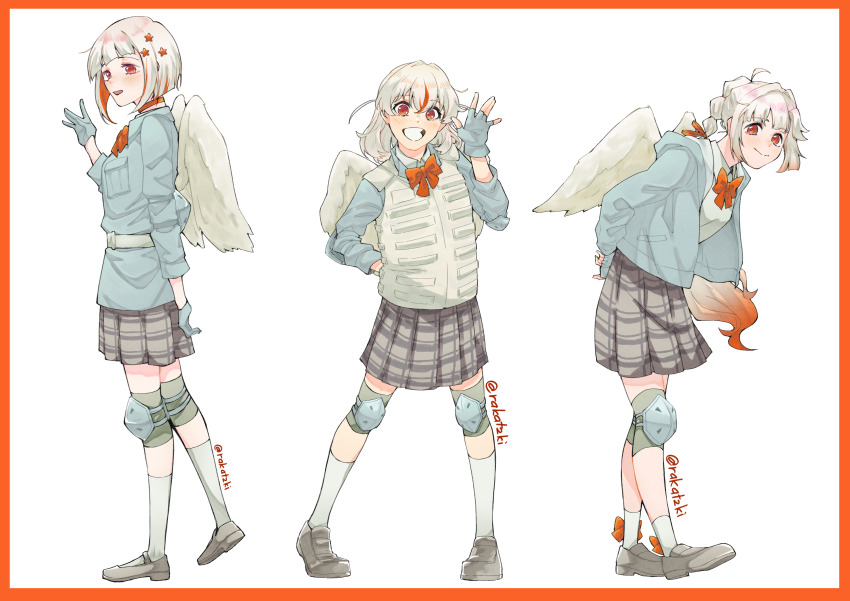 3girls :d absurdres ahoge alternate_hair_color angel_wings anyoji_hime arm_behind_back arms_behind_back blue_eyes blue_gloves blue_jacket blunt_bangs blush bob_cut border bow bow_legwear bowtie brown_shoes bulletproof_vest choker collared_shirt colored_inner_hair commentary cosplay crossed_bangs diagonal_bangs dress_shirt fingerless_gloves full_body gloves gradient_hair grey_footwear grey_hair grey_skirt hair_intakes hair_ornament hair_ribbon hand_up highres hinoshita_kaho hood hooded_jacket inverted_bob jacket knee_pads leaning_forward legs_apart link!_like!_love_live! loafers long_hair long_sleeves looking_at_viewer love-bullet love_live! mary_janes medium_hair medium_skirt miniskirt multi-tied_hair multicolored_hair multiple_girls open_clothes open_jacket open_mouth orange_border orange_bow orange_bowtie orange_choker orange_eyes orange_hair orange_ribbon plaid_clothes plaid_skirt pleated_skirt ponytail rakatzki red_eyes ribbon shirt shoes short_hair sidelocks simple_background skirt smile socks star_(symbol) star_hair_ornament streaked_hair swept_bangs two_side_up very_long_hair white_background white_shirt white_socks white_wings wings yugiri_tsuzuri