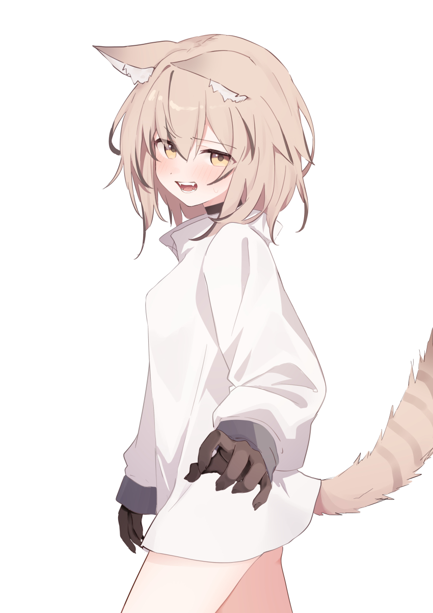 1girl absurdres animal_ears black_choker brown_eyes brown_hair cat_ears cat_girl cat_tail choker colored_skin dark-skinned_female dark_skin highres light_brown_hair long_sleeves looking_at_viewer medium_hair multicolored_hair multicolored_skin no_pants original riya_(01214) shirt stiff_tail streaked_hair tail two-tone_hair two-tone_skin white_background white_shirt