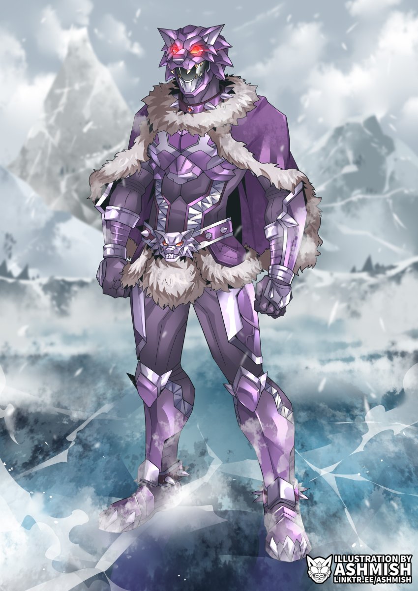 1boy absurdres artist_name ashmish capelet character_name clenched_hands commentary commission english_commentary fur_trim glowing glowing_eyes helmet highres male_focus mountain original red_eyes solo super_sentai tokusatsu visor