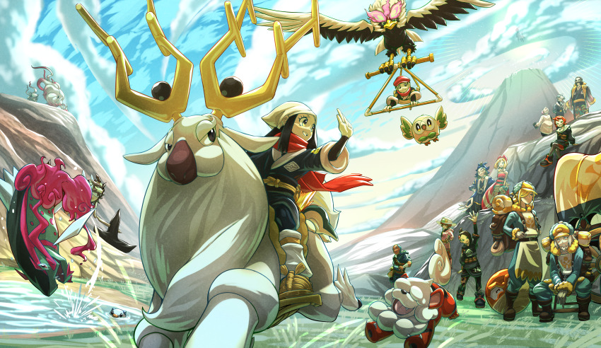 5girls 6+boys absurdres adaman_(pokemon) akari_(pokemon) arezu_(pokemon) basculegion basculegion_(male) black_hair black_shirt brown_footwear character_print cloud commentary_request cyllene_(pokemon) day eyelashes fish gen_2_pokemon gen_7_pokemon gliding grey_eyes grey_jacket hand_up headscarf highres hisuian_braviary hisuian_growlithe hisuian_voltorb hisuian_zoroark hisuian_zorua irida_(pokemon) jacket jewelry kakashino_kakato kamado_(pokemon) kleavor laventon_(pokemon) lian_(pokemon) loose_socks mai_(pokemon) multiple_boys multiple_girls neck_ring nintendo outdoors pantyhose pokemon pokemon_(creature) pokemon_legends:_arceus rei_(pokemon) riding riding_pokemon rowlet sash shirt shoes sidelocks sitting sky socks ursaring volo_(pokemon) water white_headscarf white_headwear white_legwear wyrdeer