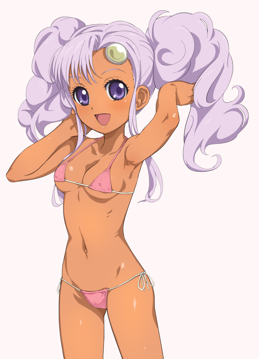 1girl absurdres bikini blush breasts dark-skinned_female dark_skin forehead_jewel highres long_hair looking_at_viewer meredy_(tales) micro_bikini nanina_(nijnan) navel open_mouth pink_bikini purple_eyes purple_hair side-tie_bikini_bottom sidelocks simple_background small_breasts smile solo swimsuit tales_of_(series) tales_of_eternia tan twintails