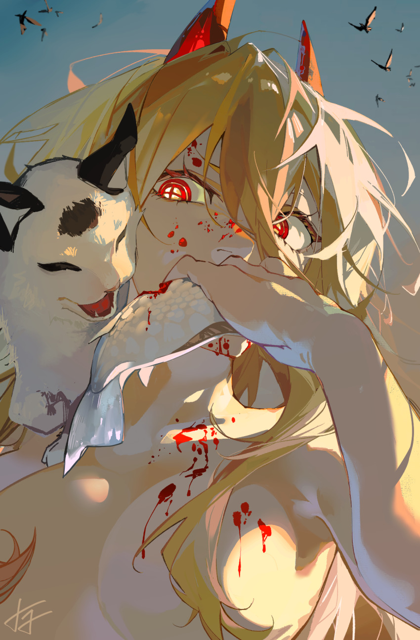 1girl bird blonde_hair blood blood_on_breasts blood_on_face blue_sky breasts cat chainsaw_man commentary convenient_censoring cross-shaped_pupils demon_girl demon_horns eating english_commentary fish hair_between_eyes highres horns long_hair looking_at_viewer meowy_(chainsaw_man) merah_drow nude power_(chainsaw_man) red_eyes red_horns ringed_eyes sky solo symbol-shaped_pupils