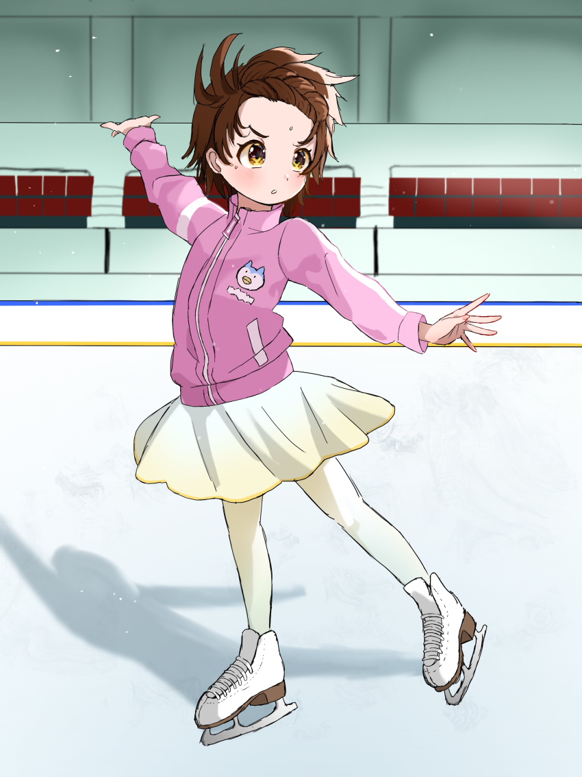 1girl absurdres brown_hair figure_skating highres ice_skates jacket light_blush medalist_(manga) outstretched_arms pink_jacket short_hair skates skating_rink solo spread_arms stadium tokinir1532 v-shaped_eyebrows yellow_eyes yuitsuka_inori
