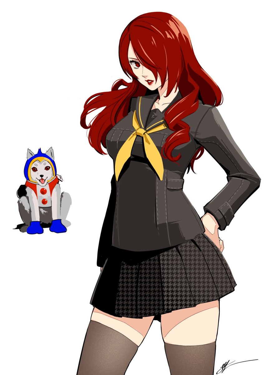 1girl alternate_costume black_sailor_collar black_shirt black_skirt commentary cosplay dog eightyfourart english_commentary grey_thighhighs hair_over_one_eye hand_on_own_hip highres kirijou_mitsuru koromaru_(persona) kuma_(persona_4) kuma_(persona_4)_(cosplay) lips long_hair long_sleeves looking_at_viewer neckerchief one_eye_covered parted_lips persona persona_3 persona_4 pleated_skirt red_eyes red_hair red_lips sailor_collar school_uniform shirt signature simple_background skirt thighhighs thighs white_background yasogami_school_uniform yellow_neckerchief