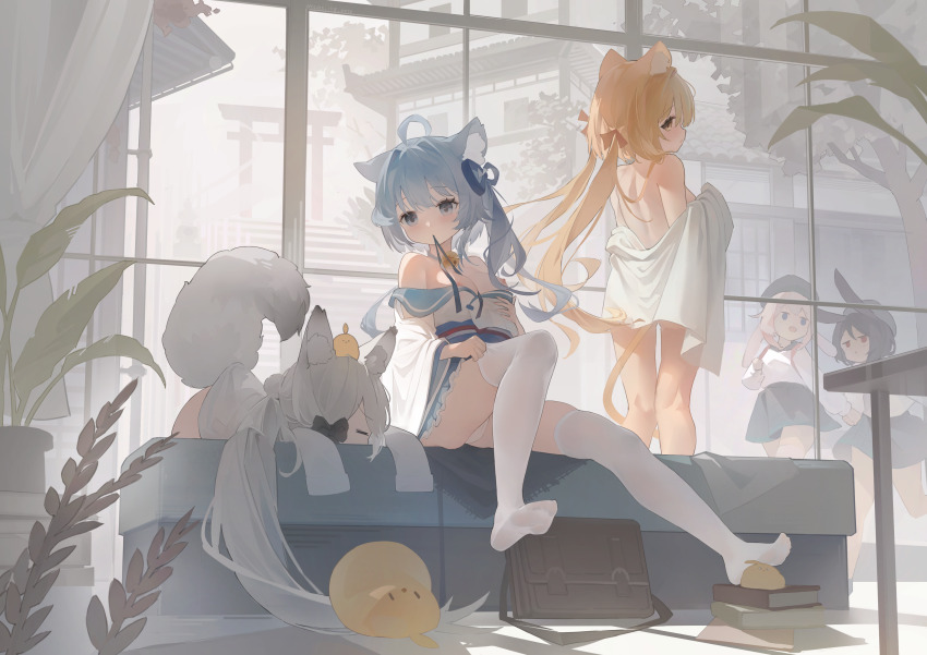 5girls absurdres ahoge animal_ear_fluff animal_ears architecture asashio_(azur_lane) azur_lane back bag bare_shoulders bell between_breasts black_bow black_hair blonde_hair blue_eyes blue_hair blue_ribbon bow breasts cat_ears chinese_commentary closed_eyes commentary_request dressing east_asian_architecture feet fox_ears fox_girl fox_tail grey_hair hair_bow hair_over_one_eye hair_ribbon highres holding_hands i-25_(azur_lane) i-26_(azur_lane) indoors japanese_clothes jingle_bell kasumi_(azur_lane) kasumi_1118 kimono looking_at_another manjuu_(azur_lane) medium_breasts michishio_(azur_lane) multiple_girls naked_shirt neck_bell nipples official_alternate_costume panties pink_hair profile rabbit_ears red_eyes ribbon ribbon_between_breasts school_bag school_uniform shirt shoulder_blades sideboob sitting small_breasts soles standing swept_bangs tail thighhighs toes torii twintails underwear white_panties white_shirt white_thighhighs yellow_eyes yellow_ribbon