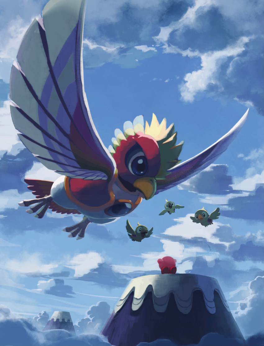 absurdres bird blue_sky character_request check_character cloud day dyna_blade dyna_chick flying highres kirby kirby_(series) looking_at_another nintendo outdoors scenery sky suyasuyabi
