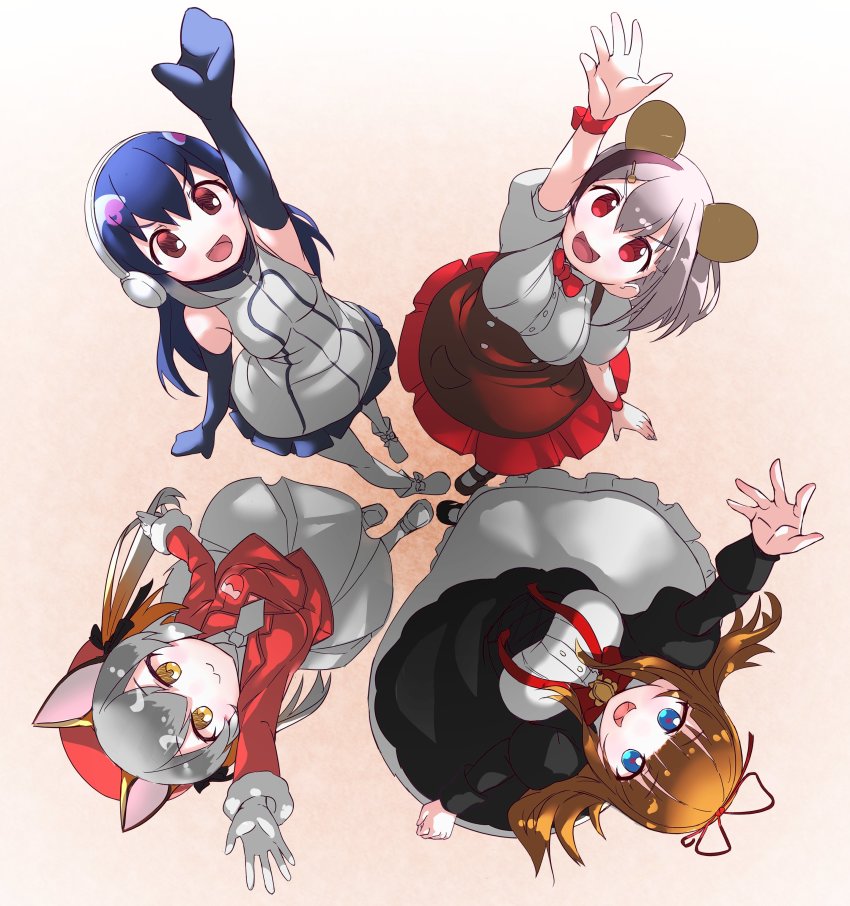 .live 4girls absurdres african_penguin_(kemono_friends) black_hair blue_eyes brown_hair closed_mouth dress gloves grey_hair headphones highres indie_virtual_youtuber island_fox_(kemono_friends) kakyouin_chieri kemono_friends kemono_friends_v_project kirara_mimi long_hair looking_at_viewer lowlandgorilla multiple_girls open_mouth red_eyes ribbon short_hair simple_background skirt smile virtual_youtuber yellow_eyes