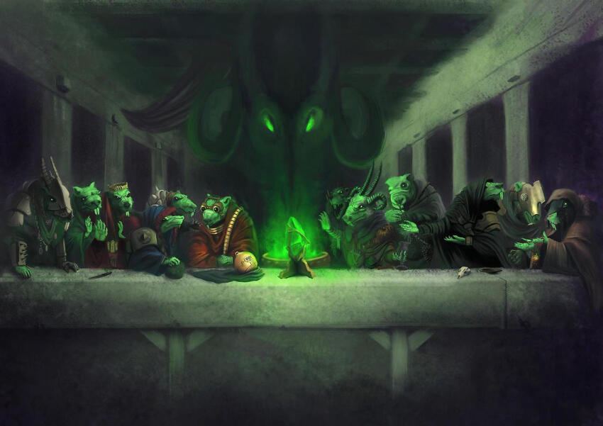 6+boys armor black_robe blue_robe brown_robe buck_teeth commentary craig-lee crown demon english_commentary fake_horns fantasy fine_art_parody glowing glowing_eyes goggles great_horned_rat green_eyes helmet hooded_robe horned_helmet horns indoors looking_at_another mask mouse_(animal) multiple_boys multiple_horns open_mouth parody robe skaven spiked_armor table teeth the_last_supper warhammer_fantasy warpstone
