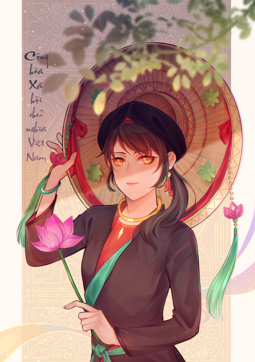 1girl absurdres axis_powers_hetalia blurry closed_mouth depth_of_field flower framed hat highres holding holding_flower jade_pendant jewelry leaf light_rays looking_at_viewer lotus necklace ponytail shadow solo straw_hat tassel upper_body vietnam_(hetalia) ao_dai