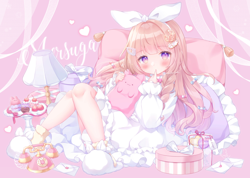 1girl antique_phone blue_bow blush bow box braid brown_hair candy commentary crescent crescent_hair_ornament curtains dessert dress envelope finger_sucking fluffy_legwear food full_body gift gift_box gradient_eyes hair_bow hair_ornament head_on_pillow heart holding holding_stuffed_toy knees_up lamp lollipop long_sleeves looking_at_viewer lying macaron multicolored_eyes multiple_hair_bows omochi_monaka on_back original pillow pink_background puffy_long_sleeves puffy_sleeves purple_eyes red_bow side_braid sign slippers socks solo stuffed_animal stuffed_rabbit stuffed_toy symbol-only_commentary white_dress white_slippers wing_hair_ornament yellow_eyes yellow_socks