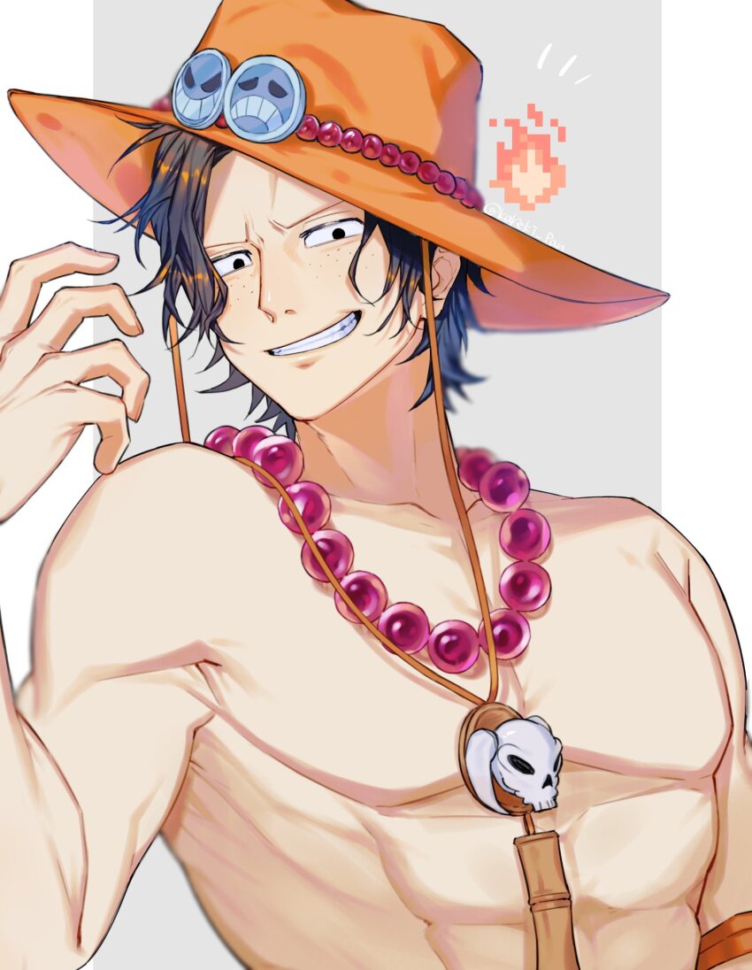 1boy black_hair elbow_pads fire freckles gunjo_shizuko hat highres jewelry looking_at_viewer male_focus necklace one_piece orange_hat pearl_necklace portgas_d._ace short_hair single_elbow_pad smile solo topless_male twitter_username upper_body