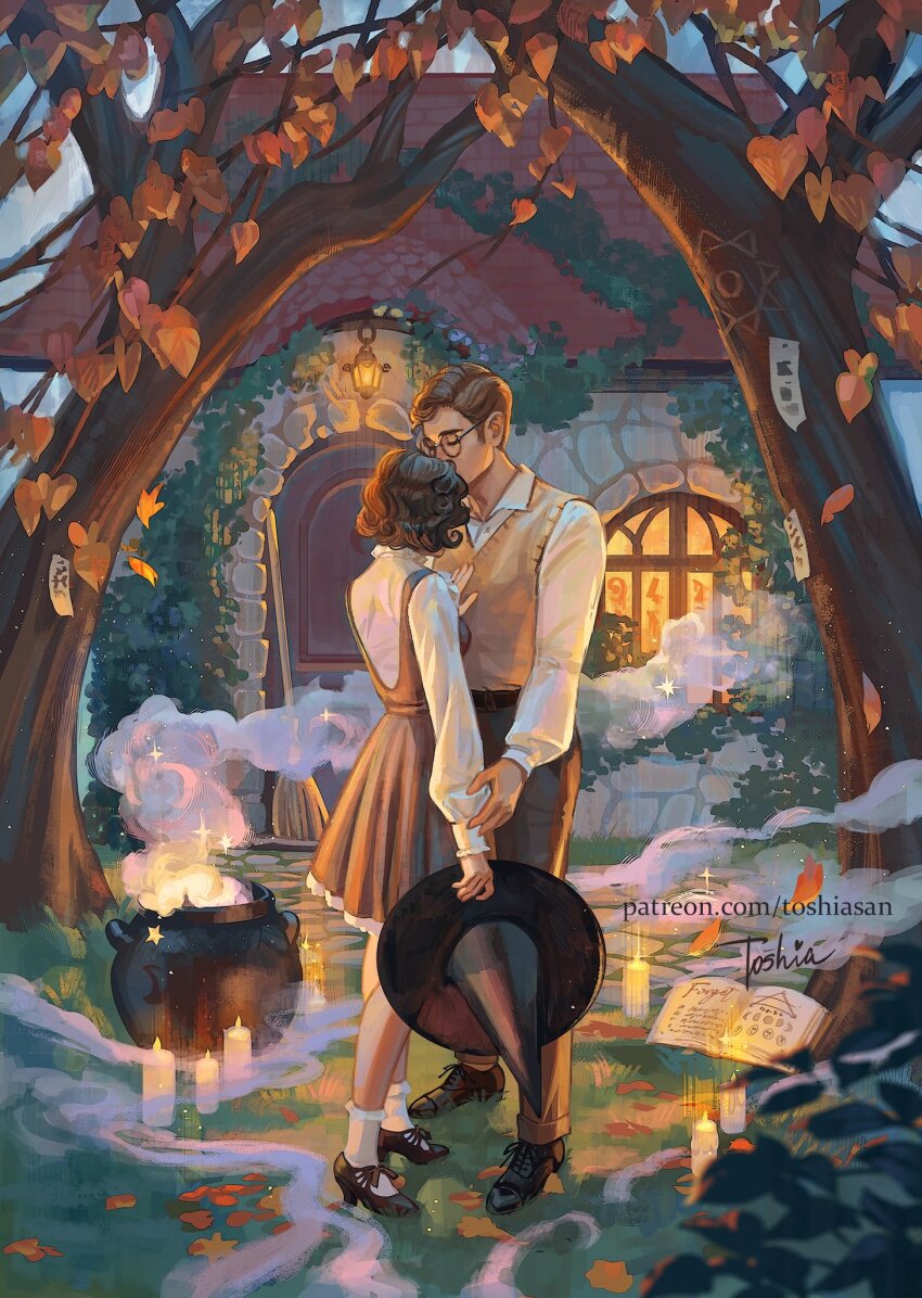 1boy 1girl autumn_leaves black_hat black_shoes blue_sky brooch brown_dress brown_hair brown_pants brown_vest building candle cauldron closed_eyes cobblestone commentary cottage_(building) door dress english_commentary falling_leaves glasses grass hand_on_another&#039;s_chest hand_on_another&#039;s_wrist hanging_lantern hat hetero highres holding holding_unworn_clothes holding_unworn_hat ivy jewelry kiss kissing_forehead leaf long_sleeves medium_hair on_grass open_mouth original outdoors pants path patreon_username road shirt shoes short_hair signature sky smoke socks sparkle standing steam stone_wall toshiasan tree unworn_hat unworn_headwear vest white_shirt white_socks window witch witch_hat