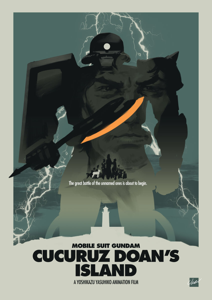 1boy absurdres axe copyright_name cucuruz_doan english_text gundam highres holding holding_axe lightning looking_at_viewer mecha mobile_suit mobile_suit_gundam mobile_suit_gundam:_cucuruz_doan&#039;s_island one-eyed poster_(medium) realistic robot science_fiction shoulder_spikes silhouette solo_focus spikes umeno_ryuuji v-shaped_eyebrows zaku_ii zeon