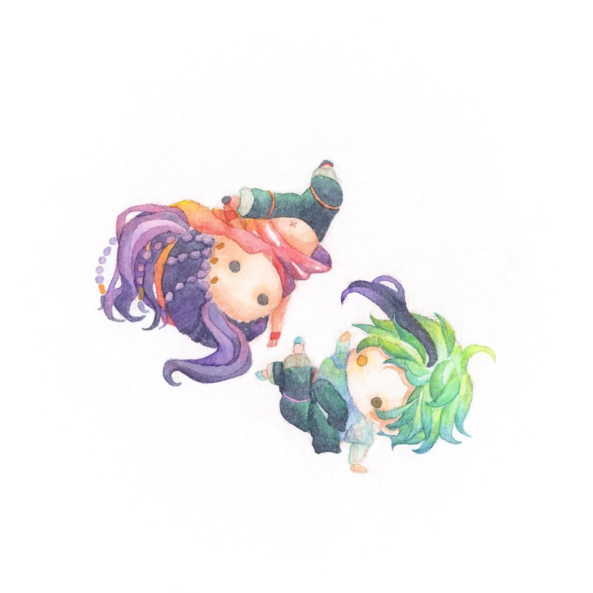 2boys absurdres breakdance chibi floyd_leech full_body green_eyes green_hair heterochromia highres jamil_viper kirakira_huuuki long_hair male_focus midriff_peek multiple_boys painting_(medium) purple_hair short_hair simple_background traditional_media twisted_wonderland watercolor_(medium) white_background yellow_eyes