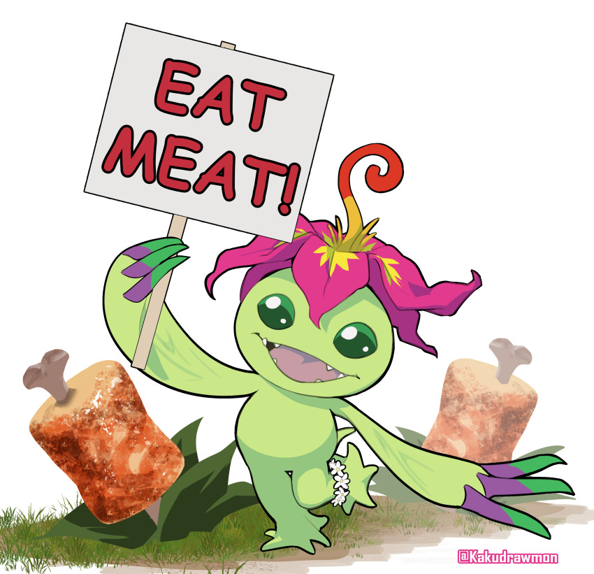 absurdres boned_meat digimon digimon_(creature) digimon_world english_text farm flower food full_body highres holding holding_sign kakudrawmon meat palmon plant_monster sharp_teeth sign simple_background solo teeth twitter_username white_background
