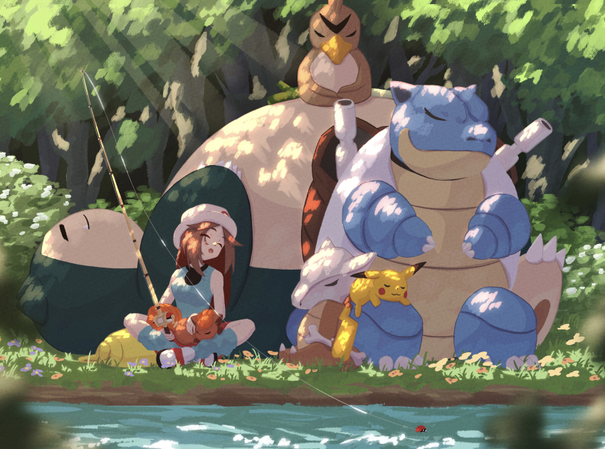 1girl absurdres blastoise blurry blurry_foreground brown_hair closed_eyes commentary_request day farfetch&#039;d fishing fishing_rod gen_1_pokemon grass green_shirt green_socks hat highres holding holding_fishing_rod keeno-ringo46 leaf_(pokemon) light_rays long_hair loose_socks marowak nintendo outdoors pikachu pokemon pokemon_(creature) pokemon_frlg shirt shoes sitting sleeveless sleeveless_shirt snorlax socks vulpix water white_footwear white_headwear