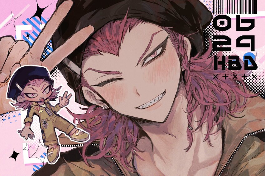 1boy arm_up beanie ben-day_dots black_hat blush braid chibi collared_jumpsuit commentary_request danganronpa_(series) danganronpa_2:_goodbye_despair dated earrings grin happy_birthday hat highres holding holding_wrench jewelry joonoyuki jumpsuit looking_at_viewer male_focus medium_hair multiple_views one_eye_closed open_mouth piercing pink_eyes pink_hair screentones sharp_teeth shoes side_braid single_braid smile soda_kazuichi sparkle striped_clothes striped_jumpsuit stud_earrings teeth unzipped upper_teeth_only v widow&#039;s_peak wrench yellow_jumpsuit yellow_shoes zipper zipper_pull_tab