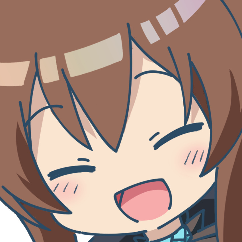 1girl :d amiya_(arknights) arknights ayaya~ blush brown_hair close-up closed_eyes commentary_request facing_viewer highres kin-iro_mosaic kujou_karen neupo_(nepouepo) open_mouth parody pose_imitation short_hair simple_background smile solo split_mouth transparent_background