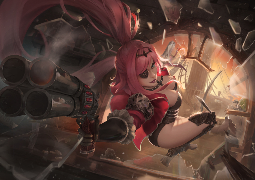 1girl absurdres armor black_gloves black_leotard blue_eyes boat breasts broken_glass brown_dust_(series) brown_dust_2 cupboard eyebrows_hidden_by_hair eyepatch full_body glass gloves greaves gun highres holding holding_gun holding_weapon large_breasts leotard lipstick long_hair looking_at_viewer makeup pink_hair pirate ponytail reflection rubia_(brown_dust) shadow ship_deck skull_ornament solo sunset through_window tiara user_apyd2787 very_long_hair watercraft weapon