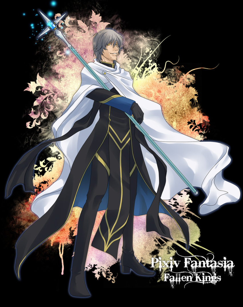1boy beard_stubble black_footwear black_gloves cape facial_hair fujishiro_kanae full_body gloves hair_between_eyes highres holding holding_polearm holding_weapon leak_(fallen_kings) long_sleeves male_focus mature_male medium_hair pixiv_fantasia pixiv_fantasia_fallen_kings polearm solo standing stubble weapon white_cape yellow_eyes