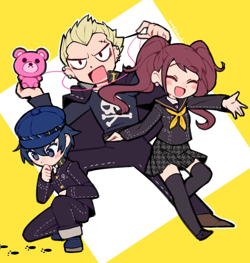 1boy 2girls black_shirt black_skirt black_socks blonde_hair blue_hair brown_hair closed_eyes do_m_kaeru earrings footprints hat highres jewelry kneehighs kneeling kujikawa_rise long_hair multiple_girls naoetsu_high_school_uniform neckerchief needle open_mouth pants persona persona_4 school_uniform sewing sewing_needle shirt short_hair shouting skirt skull_print socks stuffed_animal stuffed_toy tatsumi_kanji teddy_bear yasogami_school_uniform yellow_background yellow_neckerchief