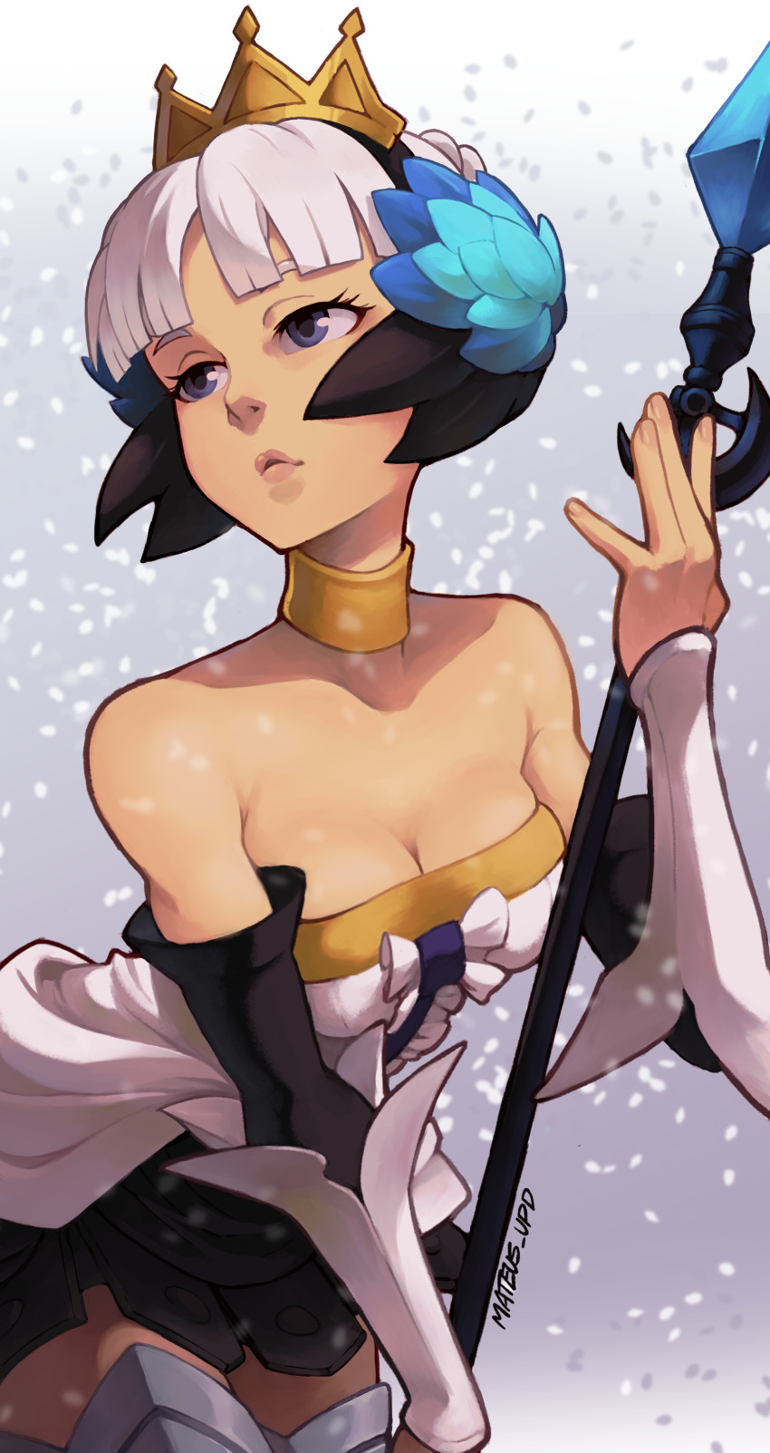 absurdres armor braid breasts collar collarbone detached_sleeves dress game_console gwendolyn_(odin_sphere) headdress highres holding holding_polearm holding_weapon mateus_upd odin_sphere original playstation_2 polearm tiara vanillaware weapon white_hair